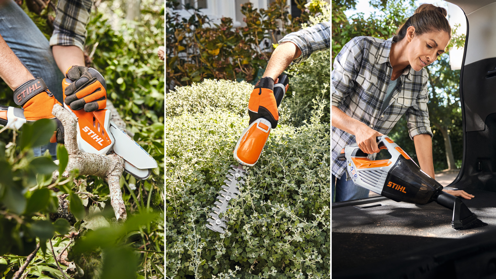 STIHL AS-systemets maskiner, HSA 40 batterihækkeklipper, SEA 20 batteridrevet håndstøvsuger, FSA 30 batteridrevet buskrydder