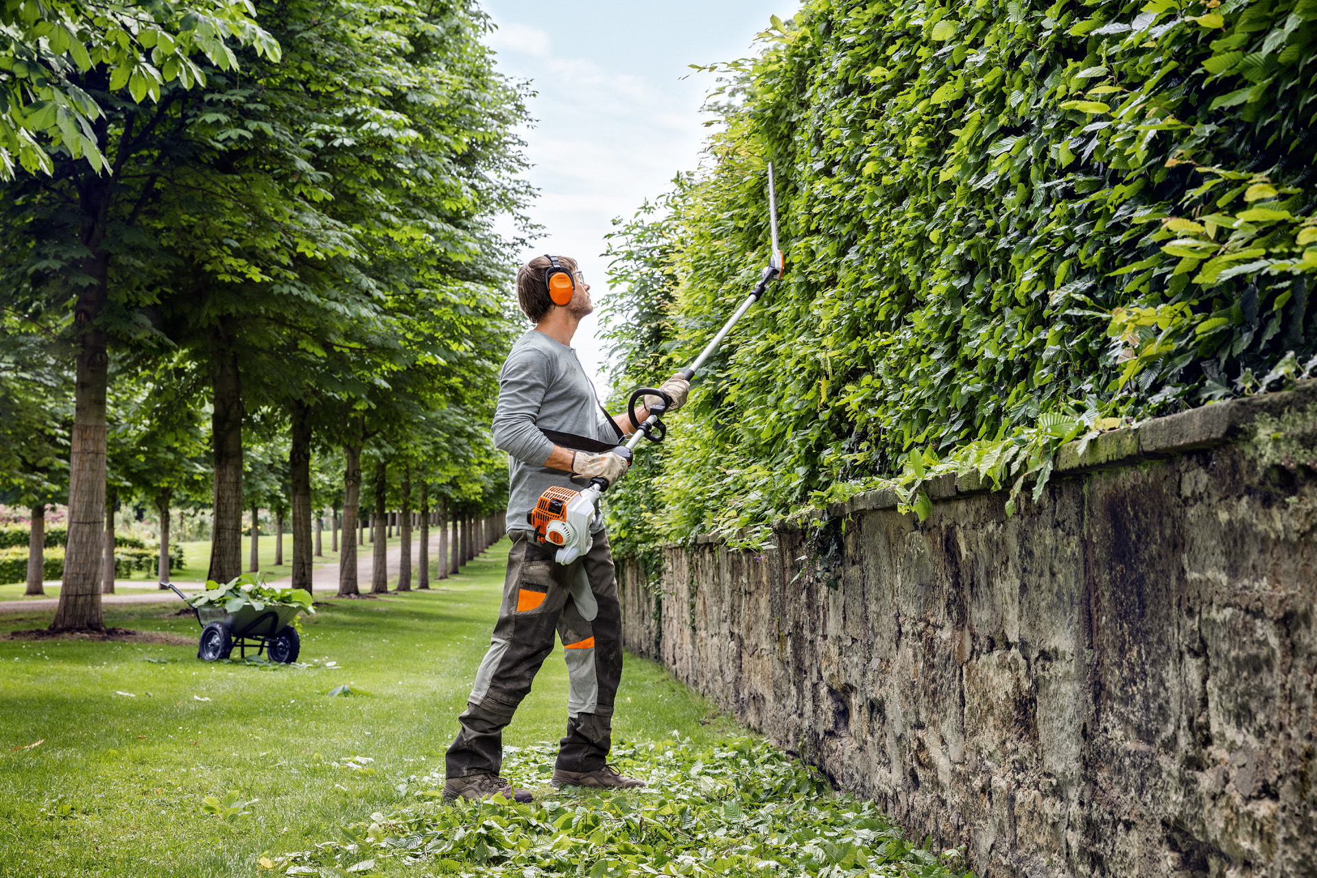 En mand med beskyttelsestøj klipper en hæk lodret i siderne med en STIHL stanghækkeklipper HL 94