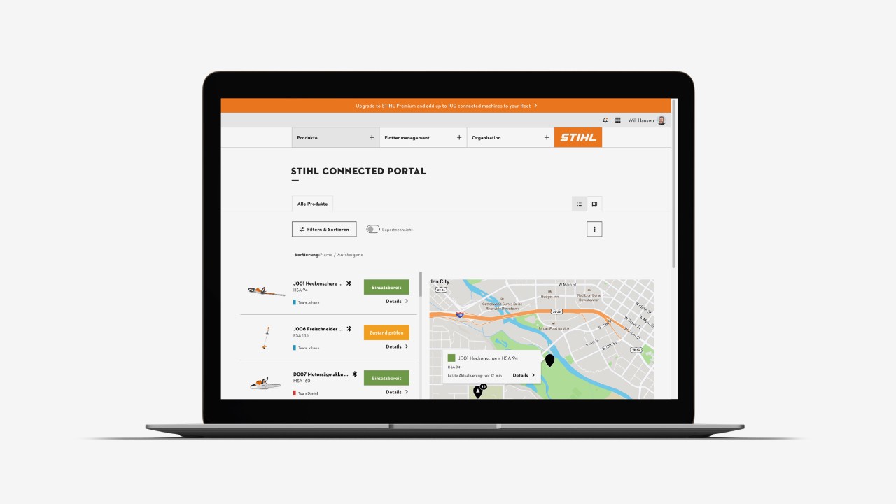 STIHL connected Portal produktoversigt inkl. kort