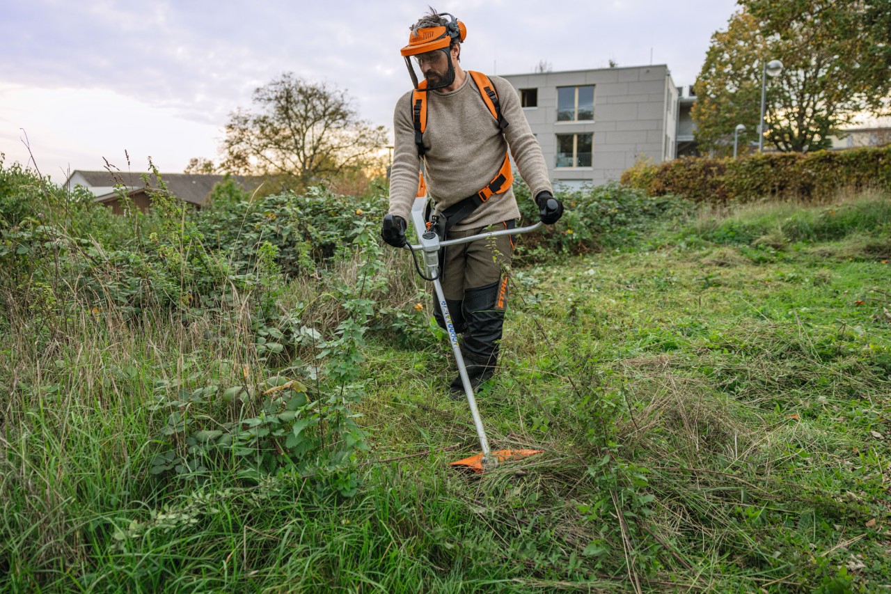En mand iført STIHL-beskyttelsesudstyr slår et vildt og overbevokset grønt område med en STIHL FSA 200 batteridrevet buskrydder