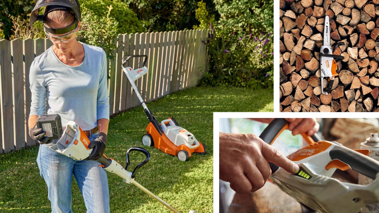 Bildcollage: Frau mit verschiedenen STIHL Akku-Geräten im Garten