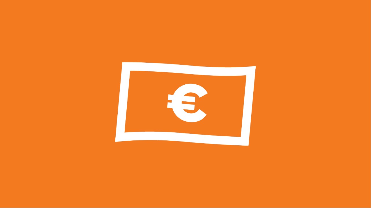 Weißes Symbol eines Euroscheins auf orangefarbenem Grund