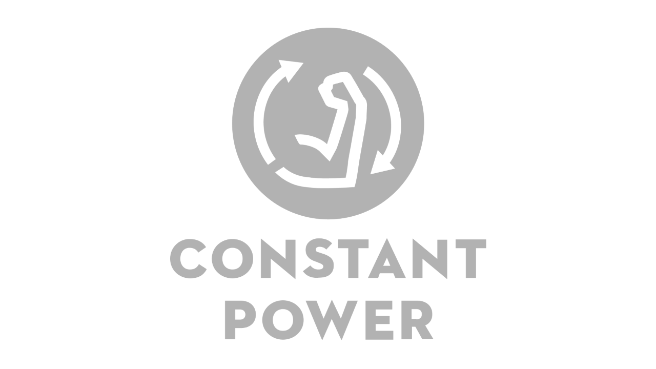 Ikon med en bøjet overarm og to pile med uret med teksten "Constant Power"