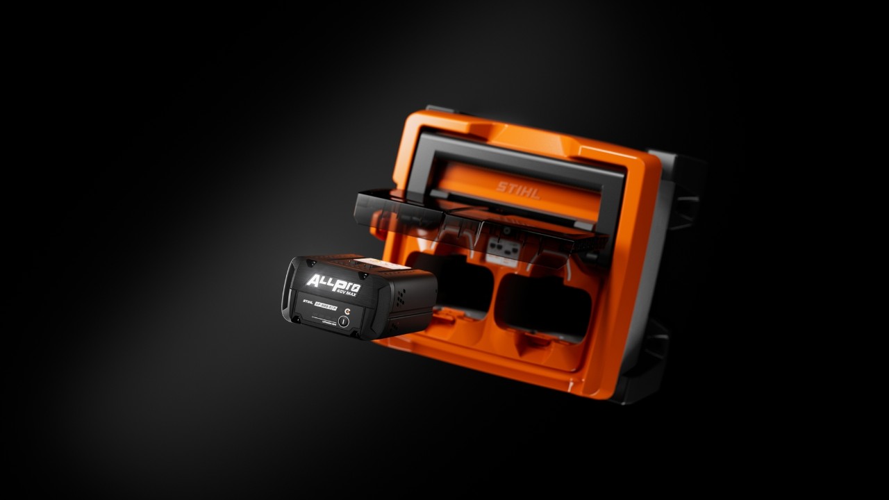 STIHL ALLPRO hurtiglader AL 1802 MO med et isat og delvist fjernet ALLPRO-batteri AP 300.0 P(C).
